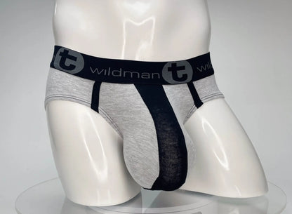 Wildman brand men’s cotton briefs in black and gray with a textured front panel for enhanced comfort and style