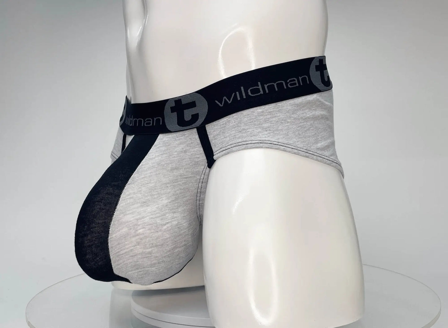 Wildmant cotton monster cock brief in black and gray featuring cotton fabric and branded elastic waistband