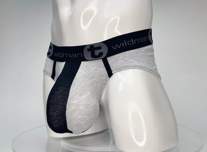 WildmanT cotton monster cock brief black and gray wildman men’s briefs with breathable mesh panel front view