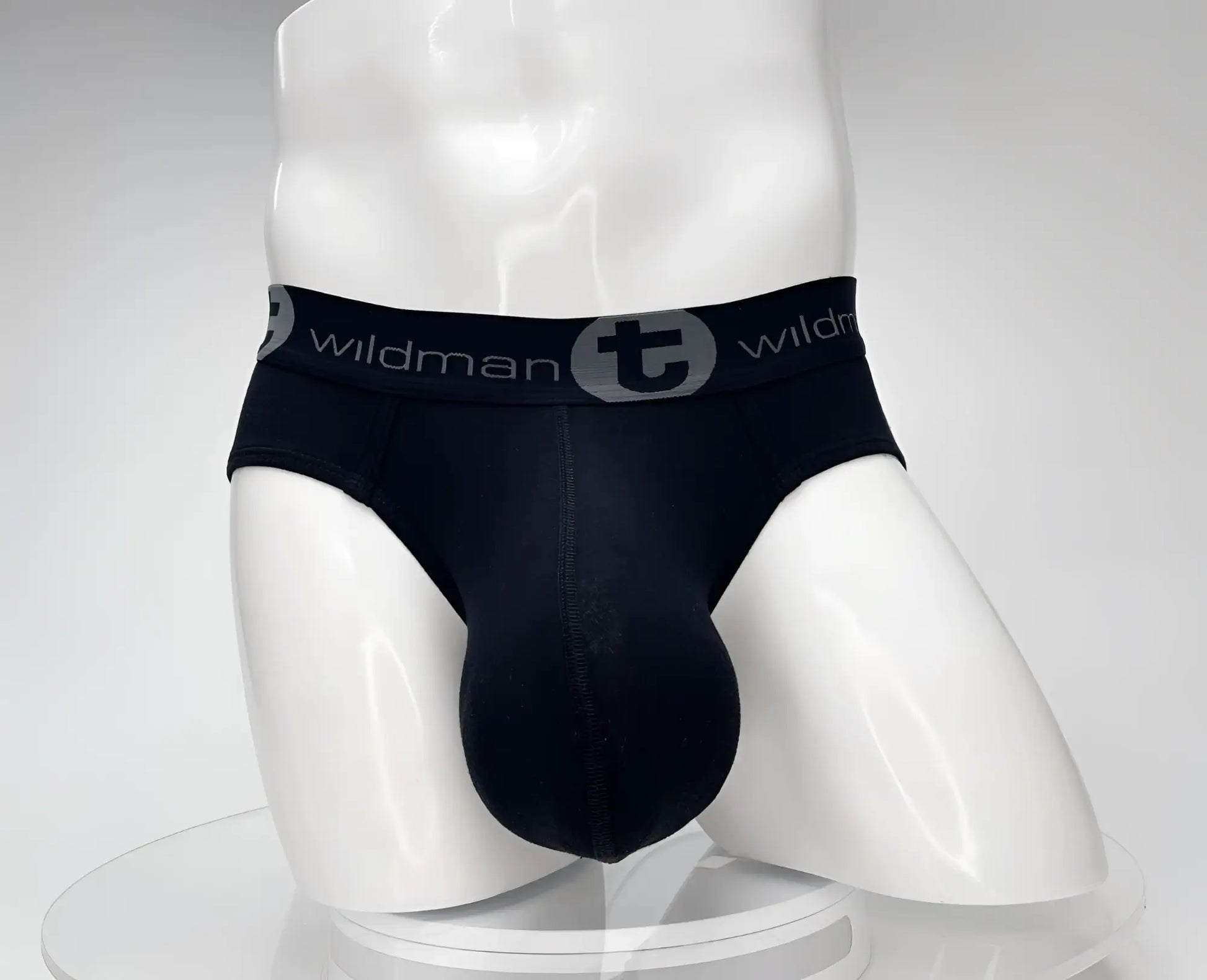 Black men’s cotton briefs with gray elastic waistband featuring wildman logo and circular emblem in wildmant cotton monster cock brief black