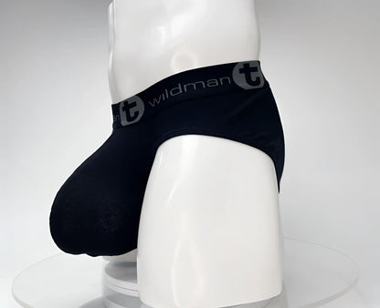 Black wildmant cotton monster cock briefs with gray waistband featuring wildman brand logo and lettering