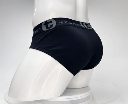 Black cotton briefs with gray elastic waistband featuring wildman brand logo and circular emblem wildmant cotton monster cock brief black