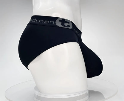 Black wildman brand cotton monster cock brief with gray logo and elastic waistband in black color