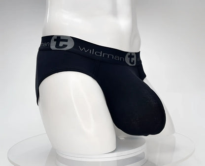 Black wildman brand cotton men’s briefs with gray logo band in wildmant cotton monster cock brief black style