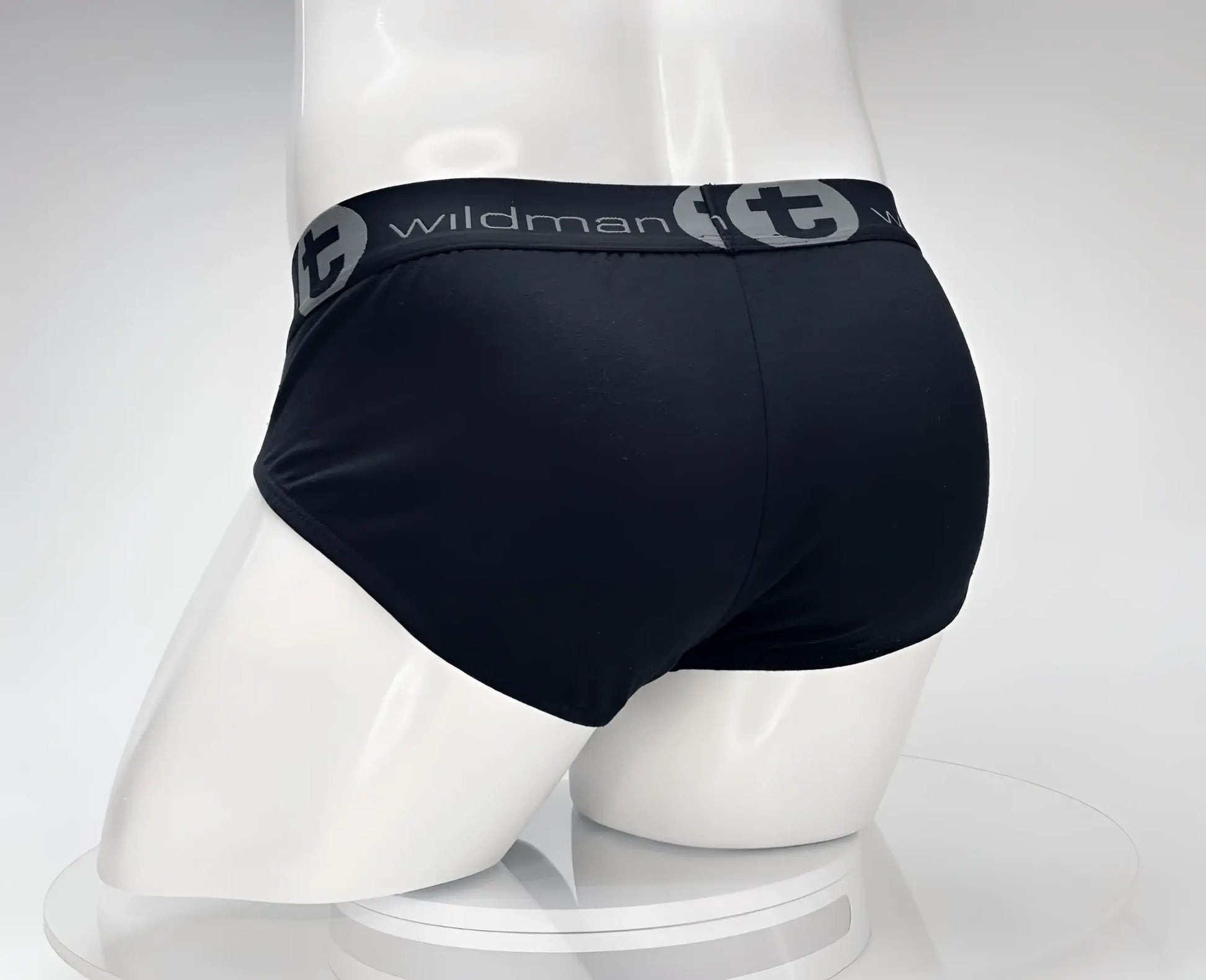 Black wildman briefs with gray elastic waistband and WildmanT logo made of cotton for comfortable wear