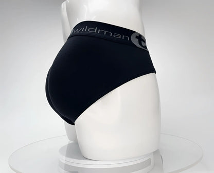 Black wildman briefs with gray elastic waistband and brand logo made from cotton for comfortable support