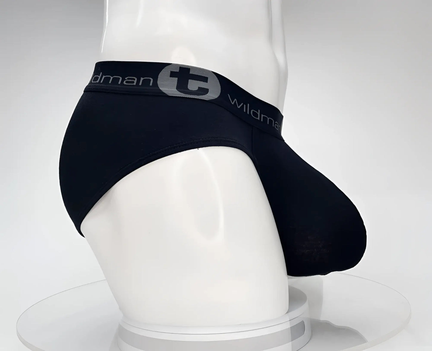 Black WildmanT cotton monster cock briefs with gray logo band showing front side design and fit