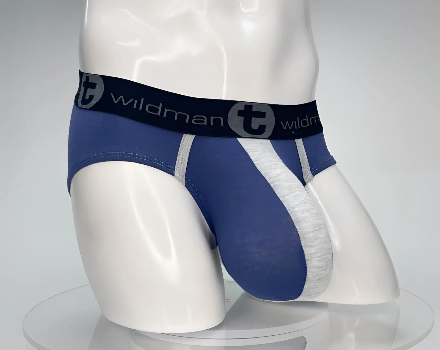 Wildmant cotton monster cock brief in dark blue and gray with black waistband featuring the wildman logo