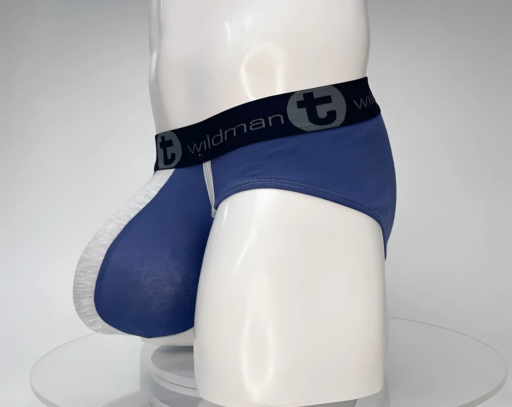 Wildmant cotton monster cock brief dark blue and gray in blue and white cotton with black waistband featuring wildman logo