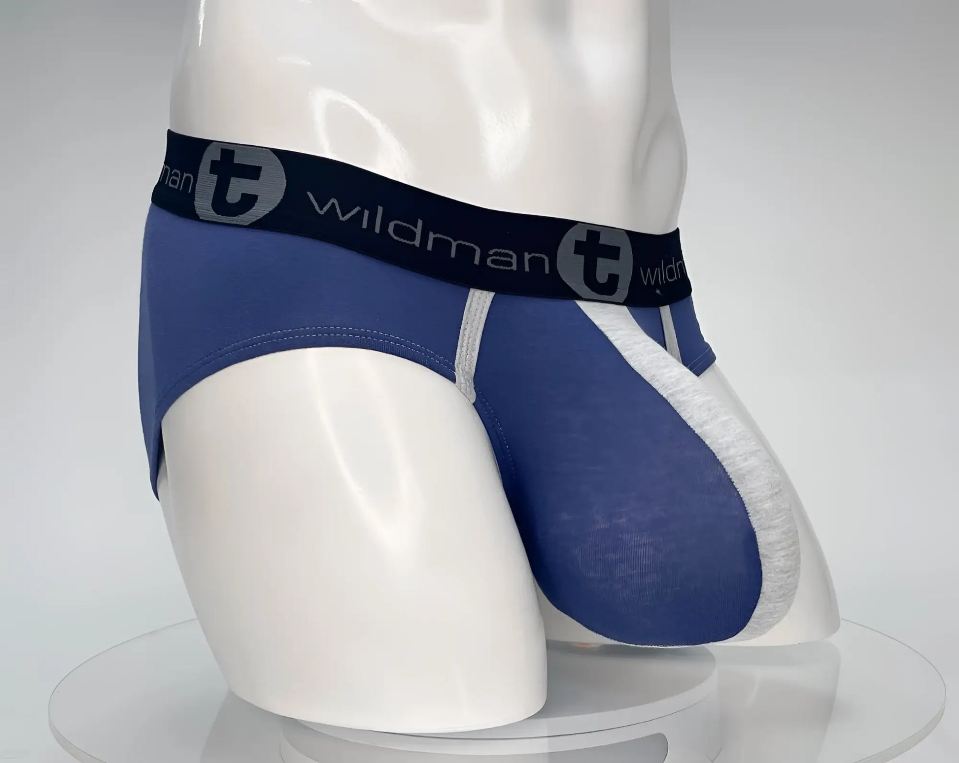 WildmanT cotton monster cock brief in dark blue and gray with black waistband featuring wildman logo