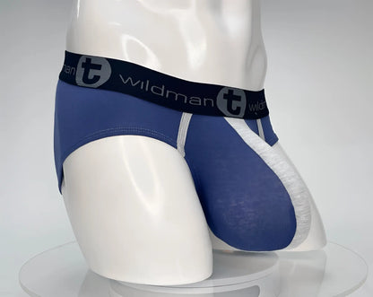 WildmanT cotton monster cock brief in dark blue and gray with black waistband featuring wildman logo