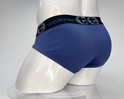 Wildmant cotton monster cock briefs in dark blue with gray and a black elastic waistband featuring the tt logo