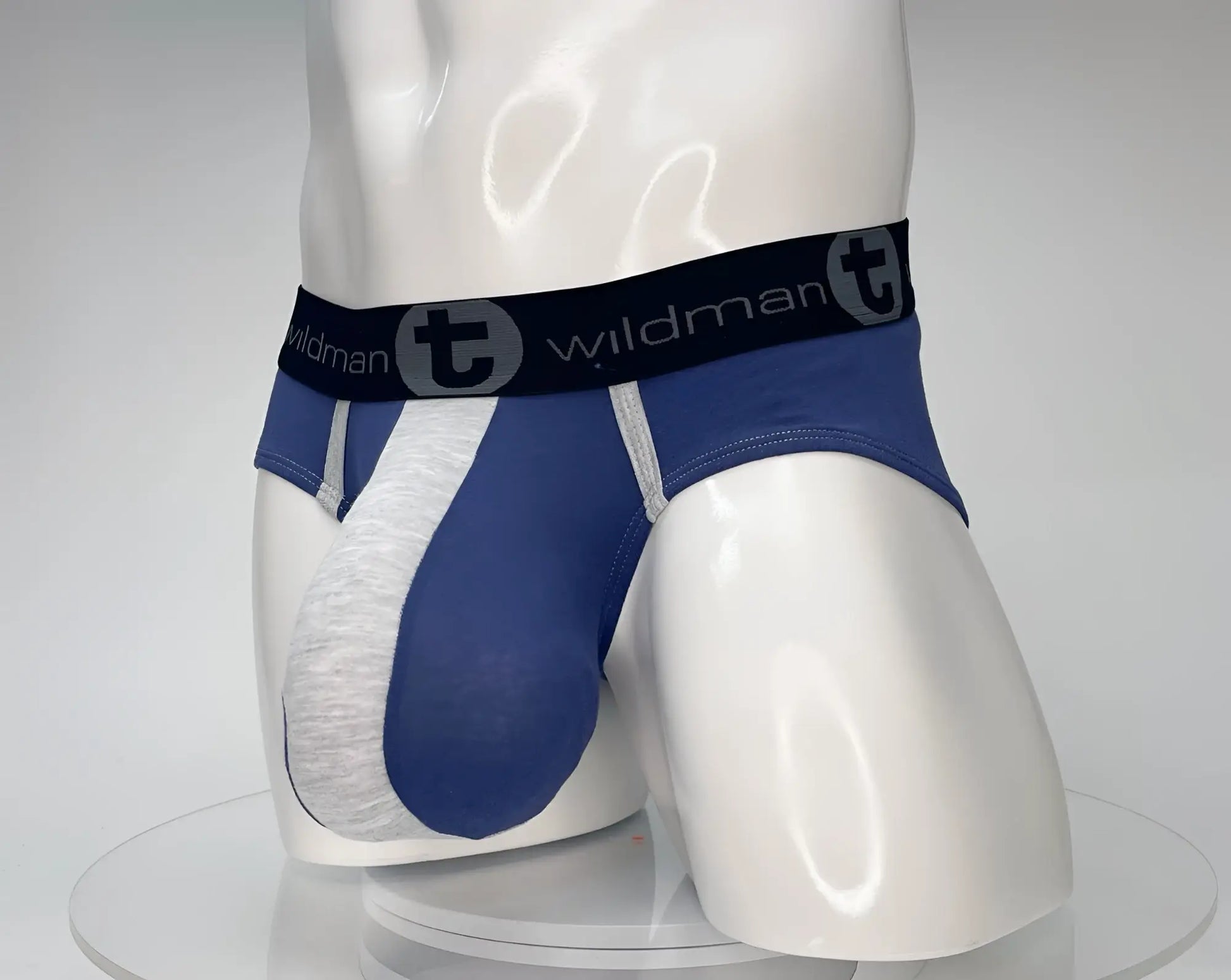 Wildmant cotton monster cock brief in dark blue and gray with a black waistband featuring the brand logo