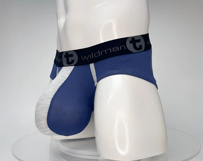 Wildmant cotton monster cock brief in dark blue and gray with black waistband featuring the brand logo