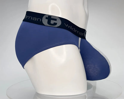 Blue wildman cotton monster cock brief men’s underwear with black waistband and brand logo in dark blue and gray