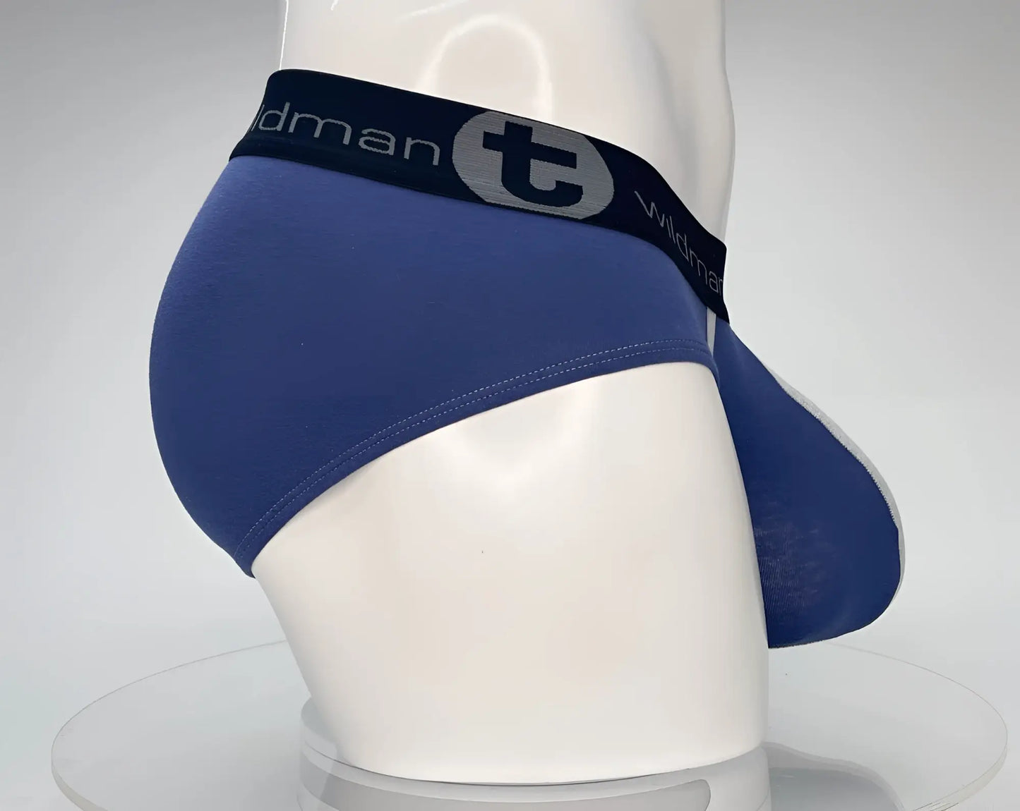 Blue WildmanT cotton monster cock brief with black elastic waistband featuring the brand logo in dark blue and gray
