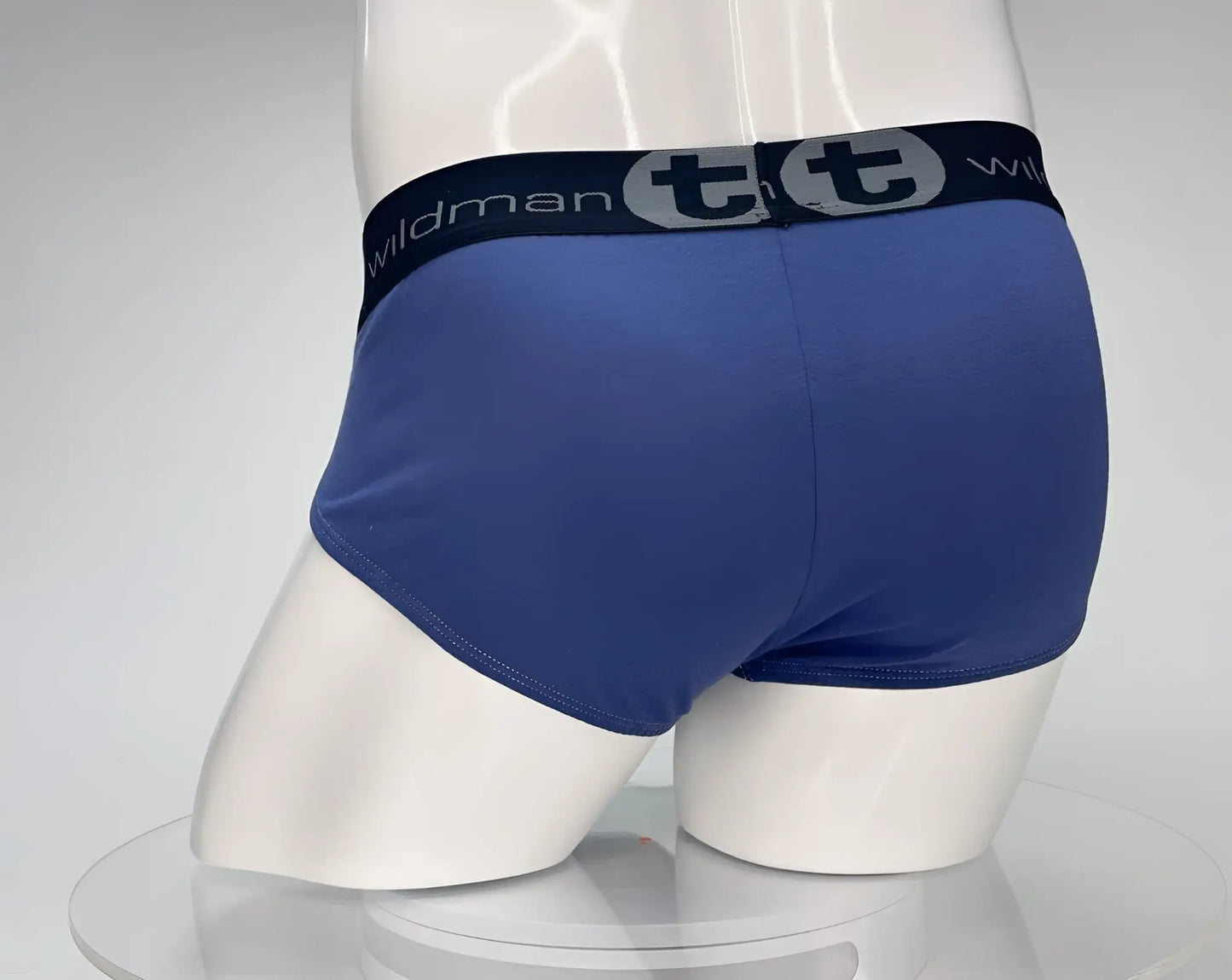 Blue wildman men’s cotton briefs with black elastic waistband and brand logo in dark blue and gray colors