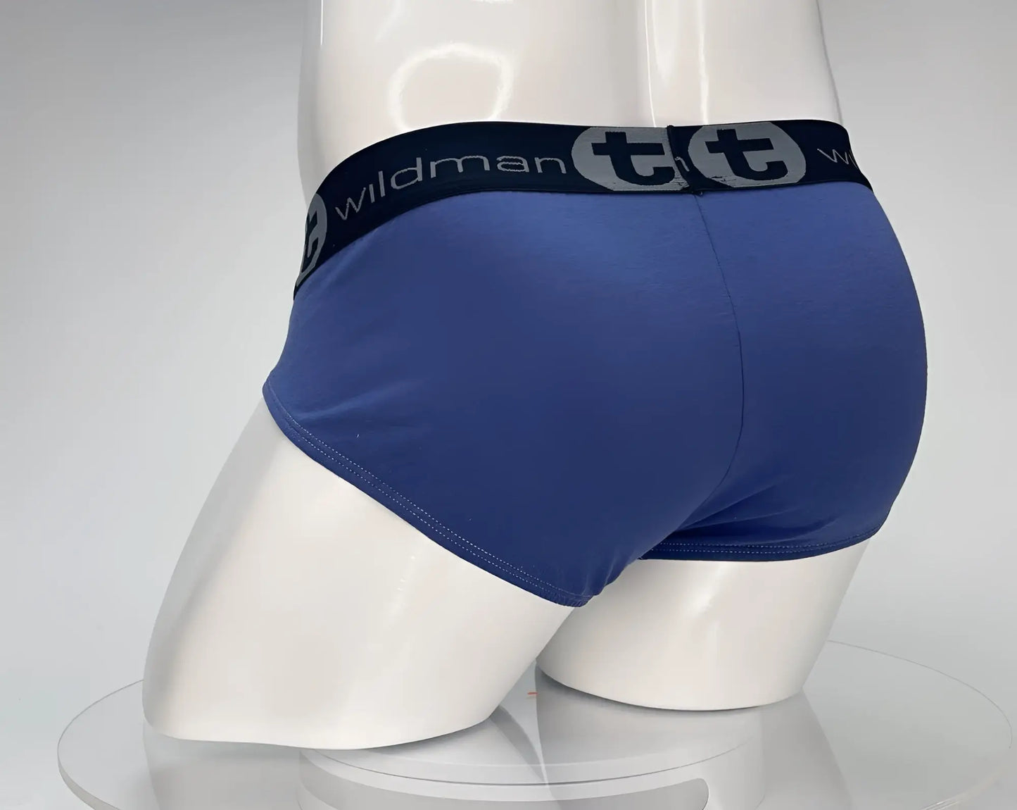 Wildmant cotton monster cock brief in dark blue and gray with blue fabric and black waistband featuring brand logo