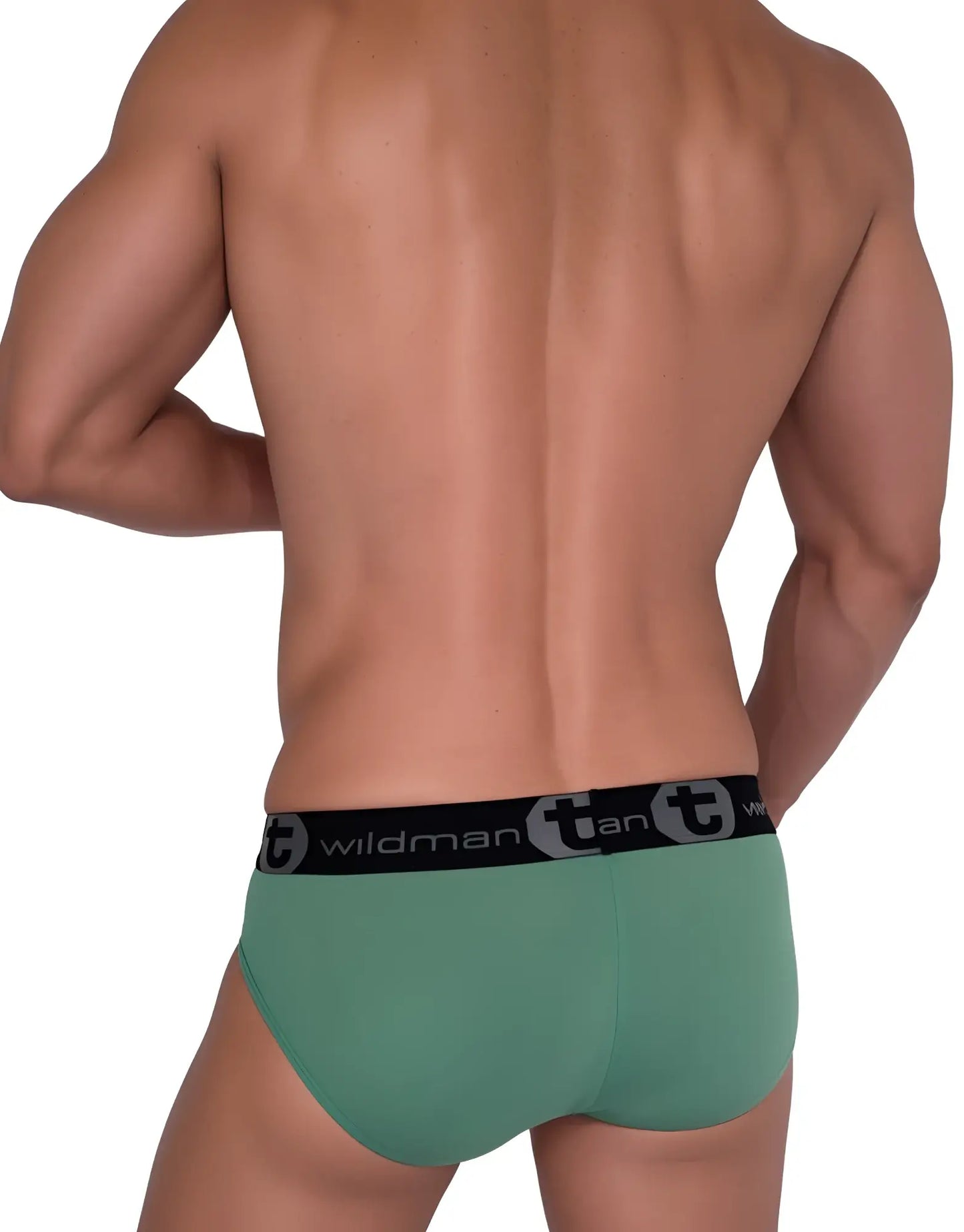 Green cotton briefs with black elastic waistband featuring wildman tan logo in wildmant cotton monster cock brief green