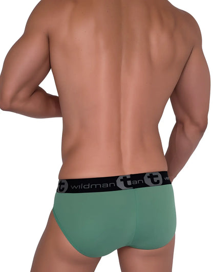 Green cotton briefs with black elastic waistband featuring wildman tan logo in wildmant cotton monster cock brief green