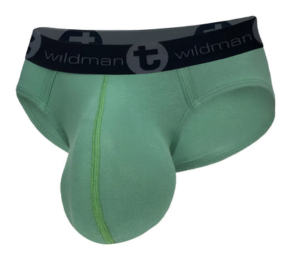 Sage green cotton brief with a contoured pouch, black WildmanT branded waistband, and vertical center seam.