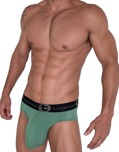 Wildmant cotton monster cock brief green men’s briefs with black wildman logo waistband and stylized t emblem