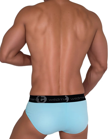 Light blue cotton briefs with black elastic waistband featuring wildman logo from wildmant cotton monster cock brief