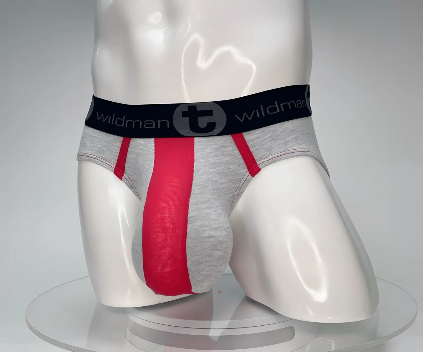 Gray and red cotton WildmanT athletic briefs with black waistband featuring Wildman logo in front view