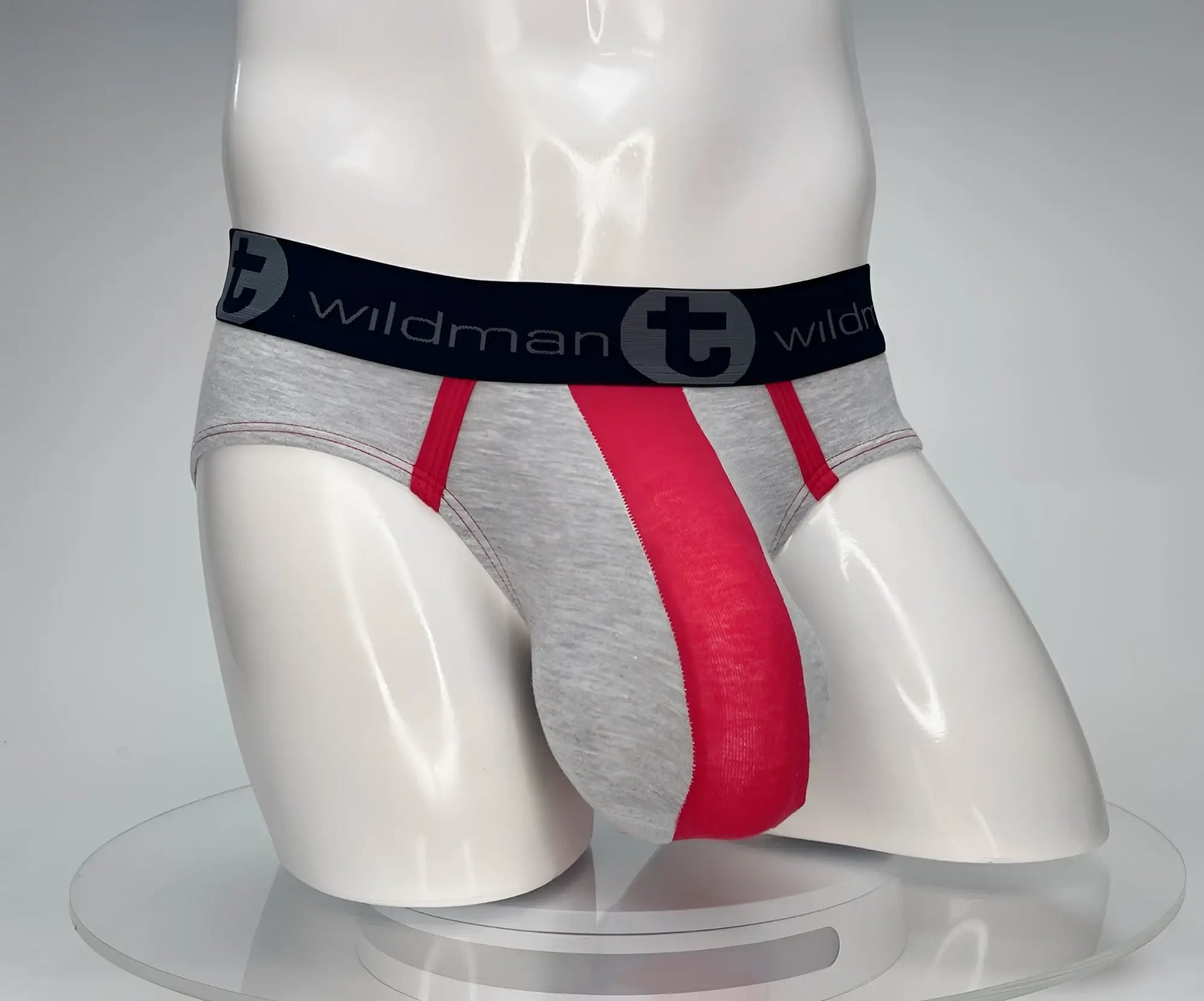 Wildman cotton monster cock brief in red and gray with black waistband featuring wildman logo in athletic style