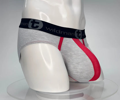 Gray and red cotton athletic briefs with black waistband featuring wildman logo wildmant cotton monster cock brief