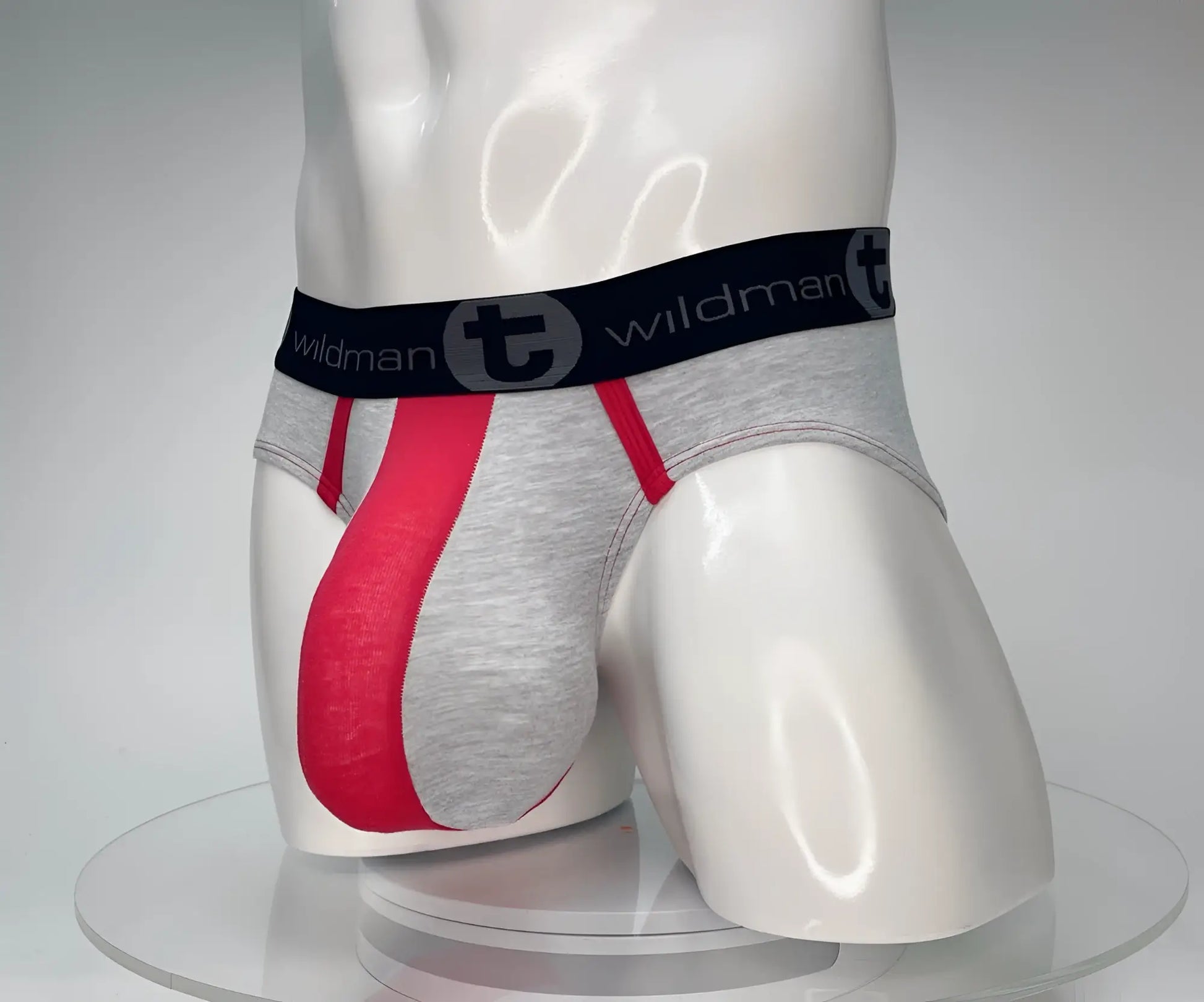 Gray and red cotton athletic briefs with black wildman waistband from wildmant cotton monster cock brief collection