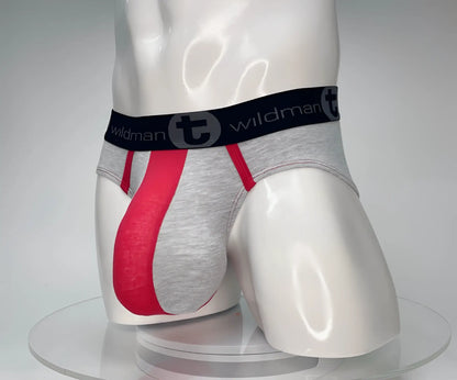 Gray and red cotton athletic briefs with black wildman waistband from wildmant cotton monster cock brief collection
