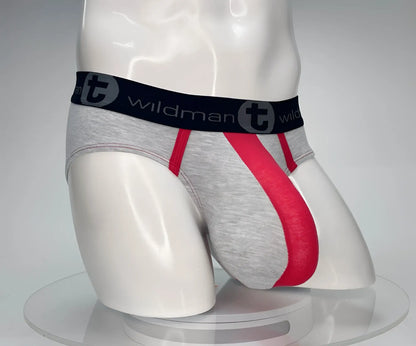 Gray and red cotton athletic briefs with black waistband and wildman brand logo for active wear