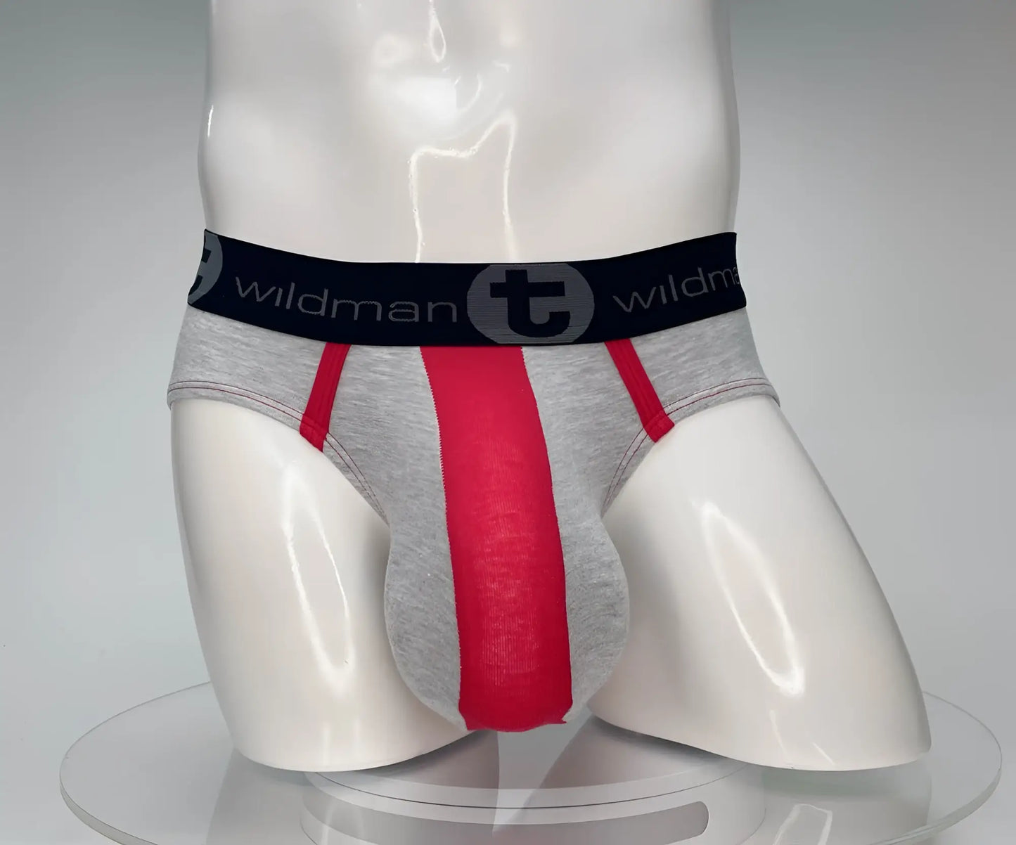 Wildmant cotton monster cock brief in red and gray featuring a black waistband with the wildman logo