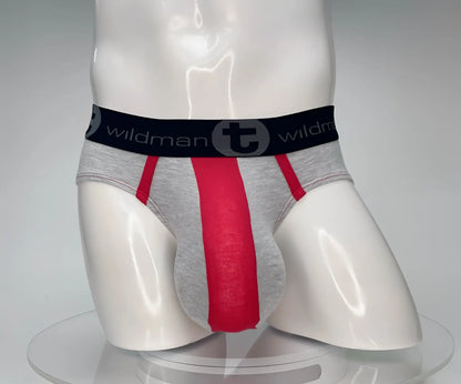 Wildmant cotton monster cock brief in red and gray featuring a black waistband with the wildman logo