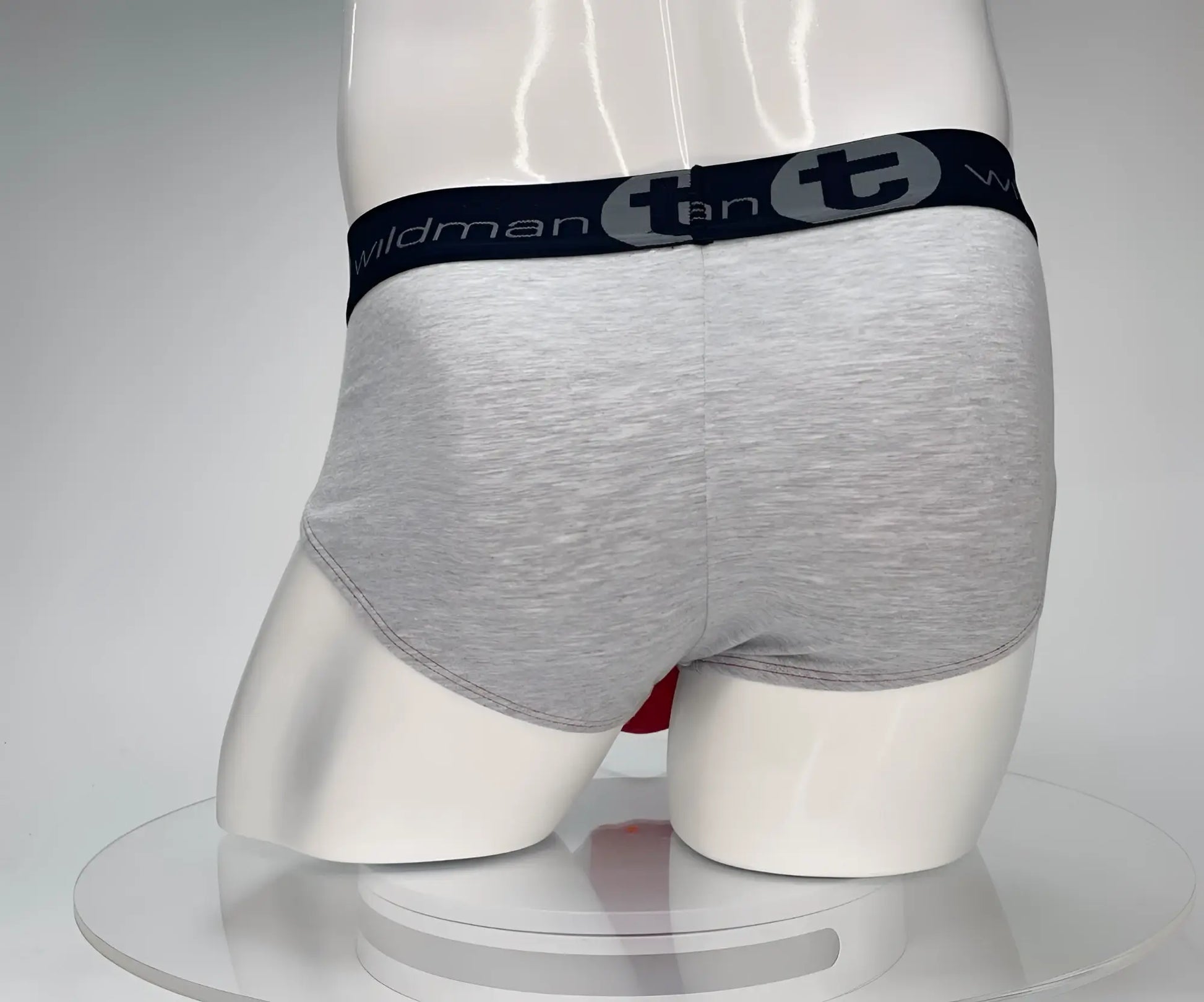 Gray heathered cotton briefs with black elastic waistband featuring wildman logo from wildmant cotton monster cock brief collection