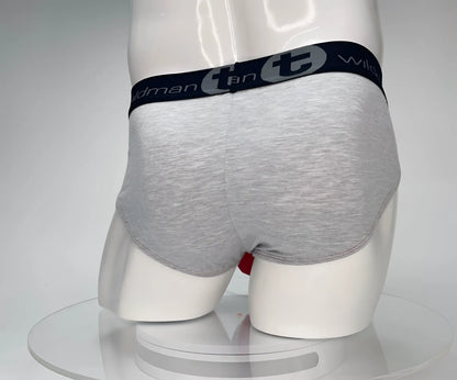 Gray heathered cotton briefs with black elastic waistband featuring wildmant and t logo from wildmant cotton monster cock brief red and gray