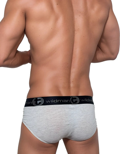 Gray heathered cotton briefs with black elastic waistband featuring wildman logo from wildmant cotton monster cock brief red and gray