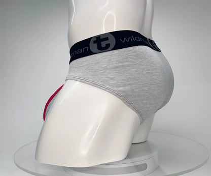 Wildmant cotton monster cock brief in gray heathered fabric with black waistband logo and red side trim
