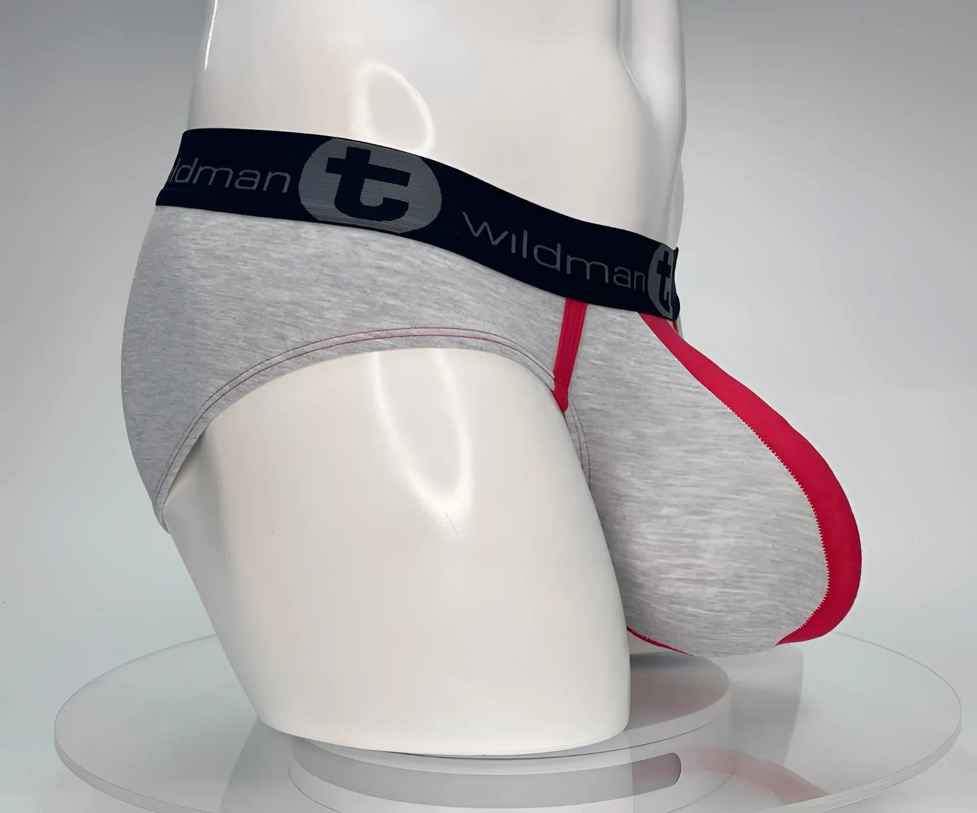 Gray heathered cotton briefs with black elastic wildman logo waistband and red trim for comfortable everyday wear