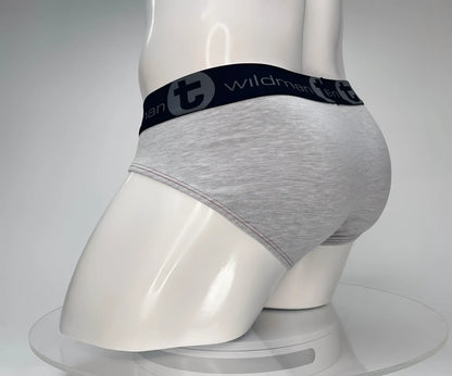 Gray heathered cotton briefs with a black elastic waistband featuring the wildman brand logo in red and gray