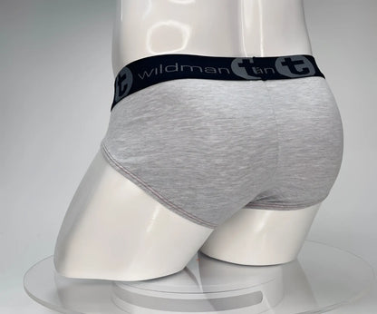 Gray heathered cotton briefs with black wildman elastic waistband featuring stylized t emblem from wildmant cotton monster cock brief red and gray