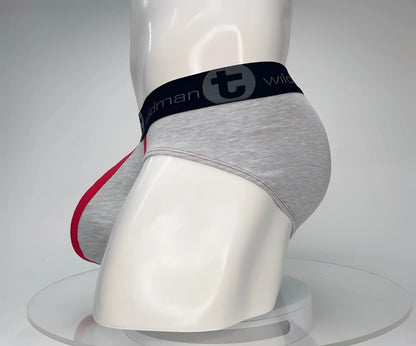 Gray heathered cotton WildmanT Monster Cock brief with black elastic waistband and red side trim in red and gray