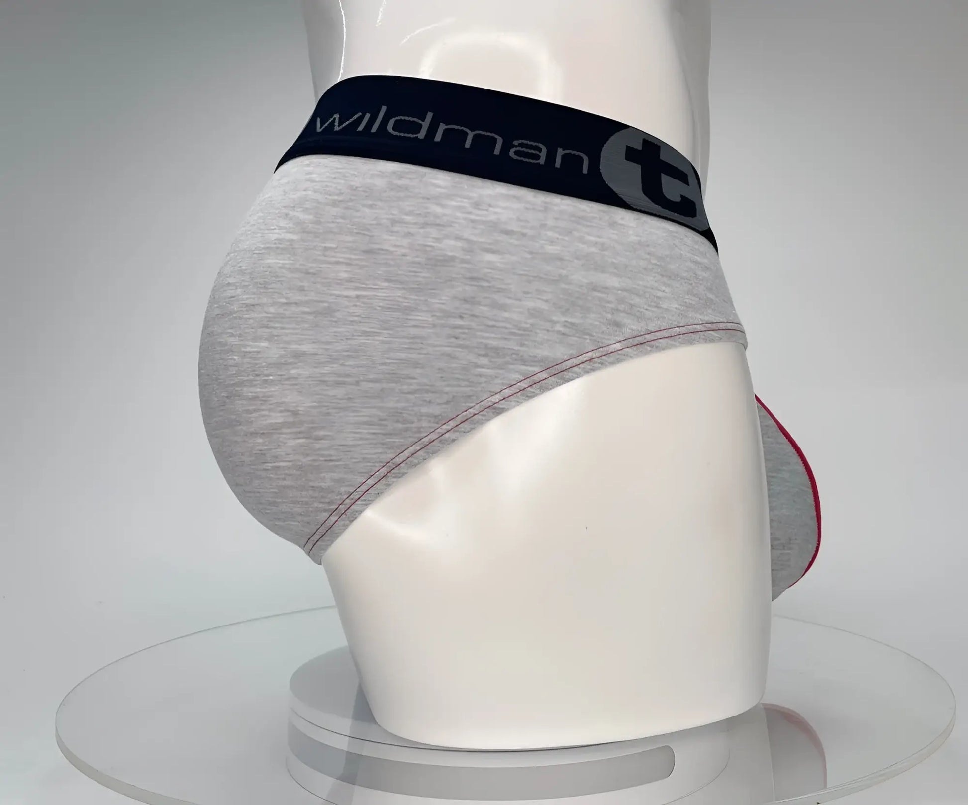 Gray heathered cotton wildmant briefs with black waistband logo and red side trim in wildmant cotton monster cock brief red and gray