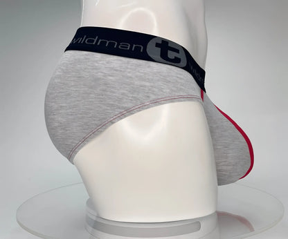 Wildmant cotton monster cock brief in gray heathered cotton with black waistband and red trim on leg openings