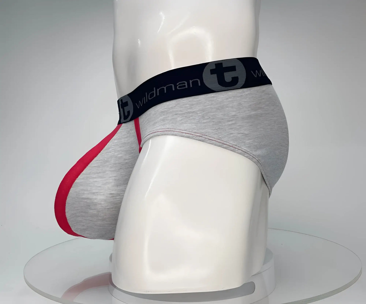 Gray heathered cotton briefs with bold red inner seam and black wildman waistband for comfortable wear