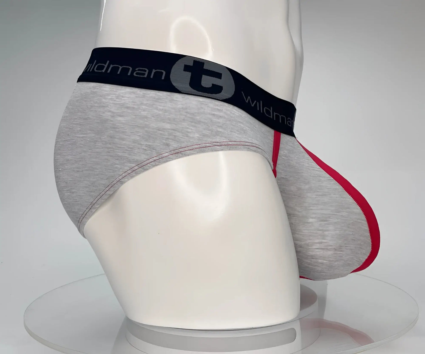 Gray heathered cotton wildman briefs with black waistband and red trim in the wildmant cotton monster cock brief red and gray