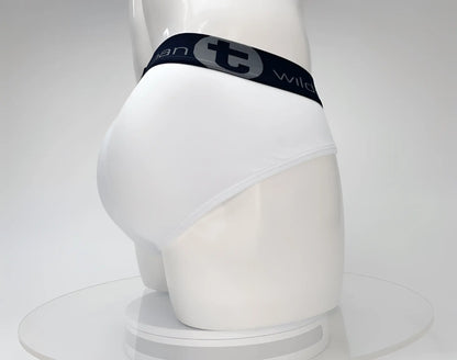 White cotton wildmant cotton monster cock brief with black elastic waistband and gray t wild logo