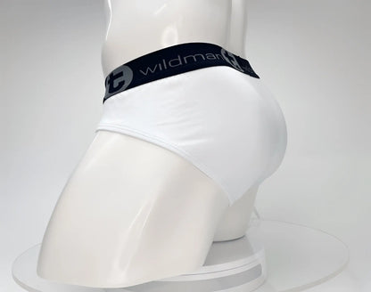 White cotton briefs with black elastic waistband featuring wildman brand name and logo wildmant cotton monster cock brief white