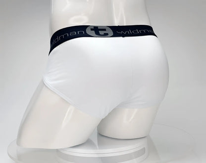 White cotton briefs with a black elastic waistband featuring the wildman brand logo wildmant cotton monster cock brief white